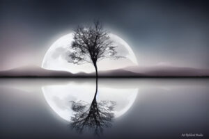 The tree stands alone In the middle of the night Its branches reaching for the moon Its roots buried in the ground The water reflects its image And the haze hangs in the air Minimalism at its finest Gray, white, and black." Queen Oh Negative IV – Milky Way Digest [MWD} vol 1 pg 13 -