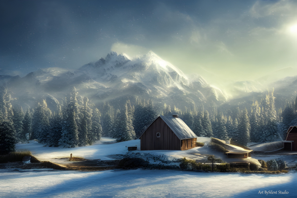 Snuggled In: The mountains in the distance are capped with snow, and the early morning light casts a beautiful glow on the scene. The farm is covered in a blanket of snow, with the trees laden with fresh snowfall. The barn is blanketed in a layer of soft, white snow. The lake is frozen, and the wilderness looks like a winter wonderland. It's a breathtaking sight. – Milky Way Digest [MWD} vol 5 pg 28 -