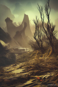 The Victo Evogo is a Solitude frigid desert world with golden sands. The desert wind sweeps across the dunes, and the toxic atmosphere makes breathing difficult. The tangled roots on the Victo Evogo signify the desolate mountainous terrain. Desert survival gear is required to live in this world, and the small population has stabilized the ecosystem. The biosphere is improving, but it will take time for life to flourish. – Milky Way Digest [MWD} vol 5 pg 71 –