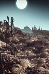Bogart Desert was a treacherous and unforgiving landscape located on a desert planet. The population that inhabited the desert was sparse and lived in disharmony with the natural world around them. The planet's harsh conditions meant that resources were scarce, and the residents of Bogart Desert had to fight to survive. At the center of Bogart Desert stood a high mountain plateau, flat and empty with strange glass-like vegetation. The plateau was known as the "Bacal Plateau," the only source of resources in the desert. The residents of Bogart Desert harvested the glass-like plants for their income but with no regard for the environmental impact. The residents of Bogart Desert were ruthless and selfish, and they were not concerned for the planet or its inhabitants. They stripped the plateau of its resources, polluting the air and water and leaving the land barren and lifeless. One day, a group of outsiders arrived at Bogart Desert. They were scientists from a distant planet, and they were interested in studying glass-like plants. They set up a research station on the plateau but soon realized the danger of the Bogart Desert. As they began to study the glass-like plants, they discovered that they were not just a resource but also had deadly toxins. The glass-like plants, when harvested, released a poisonous gas that could kill anyone who inhaled it. The scientists tried to warn the residents of Bogart Desert, but they were not interested in listening. They continued to harvest the plants, ignoring the danger. The scientists realized they had to stop the residents before it was too late. They created a device to neutralize the toxins and shared the technology with the residents. The residents of Bogart Desert were initially skeptical of the scientists' warnings, but they soon realized the danger they were in. They began to use the device and worked together with the scientists to find a way to harvest the plants safely. The residents of Bogart Desert and the scientists worked together to find a way to survive in the harsh environment. Without sacrificing the inhabitants' safety and preserving the unique glass-like vegetation. The Bogart Plateau became a source of danger and destruction but also of hope and cooperation – Milky Way Digest [MWD} vol 12 pg. 90 –