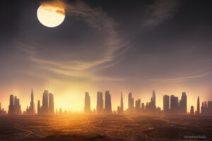 The sun was starting to rise over the city of Aridus, casting an orange glow across the barren desert landscape. From his vantage point on the city's edge, Captain Jaxon could see the towering skyscrapers stretching towards the sky, piercing through the wispy clouds that hung low in the air. Despite the harsh conditions of this arid world, the city was a bustling hub of activity, a beacon of hope in a lonely place. Captain Jaxon had been sent to Aridus on a mission to survey the planet and assess its potential for colonization. He was well-suited for it, with his years of experience exploring the furthest reaches of the galaxy and his expertise in planetary analysis. But as he gazed at the city before him, he couldn't help but feel a sense of unease. There was something off about Aridus that he couldn't put his finger on. He shook his head, trying to clear his thoughts. There was no time for doubts now. He reminded himself. He had work to do. He made his way into the city, taking in the sights and sounds of the busy streets. Everywhere he looked, he saw evidence of the struggles of the people who lived here. The buildings were run-down and neglected, and the air was thick with the scent of dust and pollution. But even amid all this decay and emptiness, Jaxon could see the glimmers of hope. He came across a community center filled with smiling children and their families, laughing and playing together despite the harsh conditions they faced. And he met a group of scientists and engineers working tirelessly to find a way to make the planet livable, to turn this desert world into a thriving, sustainable home for future generations. As Jaxon continued his survey of the city, he was struck by the resilience and determination of the people he met. Despite the overwhelming odds against them, they refused to give up, to abandon this place they had come to call home. And as he gazed at the sunrise over Aridus, he knew that his initial unease had been misplaced. This world was full of potential and worth going the extra mile. It was with a renewed purpose that Jaxon returned to his spacecraft, eager to report to his superiors about the incredible potential he had seen in this desolate world. He was determined to do everything in his power to help the people of Aridus, to give them a brighter future and a home they could be proud. Because in this city at dawn, amidst the barren desert and the green-gray skies, Jaxon had found a new hope, a new beginning. Milky Way Digest [MWD} vol 39 pg. 99