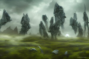 It was another day on the planet of Xylar, with a temperate climate and overcast toxic clouds that cast a green hue over the landscape. The exploration team from the Inter-Planetary Alliance had been sent to this planet to survey its resources. As the team made their way through the dense jungle, they noticed something in the distance. At first, it appeared to be a large rock outcropping, but as they approached, they realized it was something far more impressive. Towering over the jungle, it was a massive stone statue, similar to the ones found on Easter Island on old Earth. The team was stunned as they gazed upon the towering monoliths. They had never seen anything like it on other planets they had explored. The sheer size of the statues was awe-inspiring, making everything else seem small in comparison. As they continued their exploration, they found more of the monoliths, each unique and intricately carved. The team soon realized that they were not just stone statues, but they were also serving a practical purpose. Some were used as landmarks, while others served as warning signs, indicating areas of the planet that were too toxic for life to survive. The team's excitement grew as they uncovered more evidence of an intelligent species that once lived on Xylar. They found ancient ruins, artifacts, and inscriptions that hinted at a sophisticated culture that had once thrived on the planet. But as they continued to explore, they also saw the devastating impact that the toxic clouds had had on the biosphere of Xylar. The once thriving planet was now a fragile ecosystem, struggling to survive. The team realized that the monoliths were more than just statues. They were a testament to a civilization that had once thrived on Xylar. A warning to future generations of the dangers of neglecting the environment. As the team prepared to leave Xylar, they promised to share what they had learned with the rest of the Inter-Planetary Alliance. They hoped their findings would encourage others to take better care of the planets they inhabited so that future generations could avoid the same fate as the civilization of Xylar. Milky Way Digest [MWD} vol 9 pg. 37